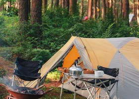 Peaceful campsite in the woods with a tent, chairs, and campfire setup.